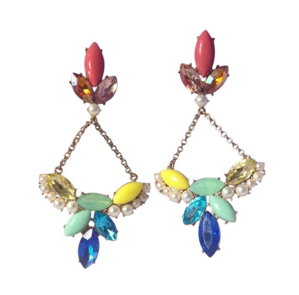 Lulu Frost Gold Tone Multi Crystal and Faux Pearl Dangle Post Earrings Signed